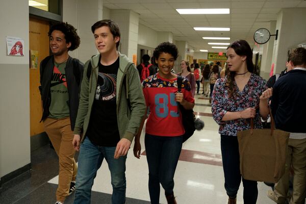 Jorge Lendeborg (Nick), Nick Robinson (Simon), Alexandra Shipp (Abby), and Katherine Langford (Leah) star in “Love, Simon.” Photo: Ben Rothstein.