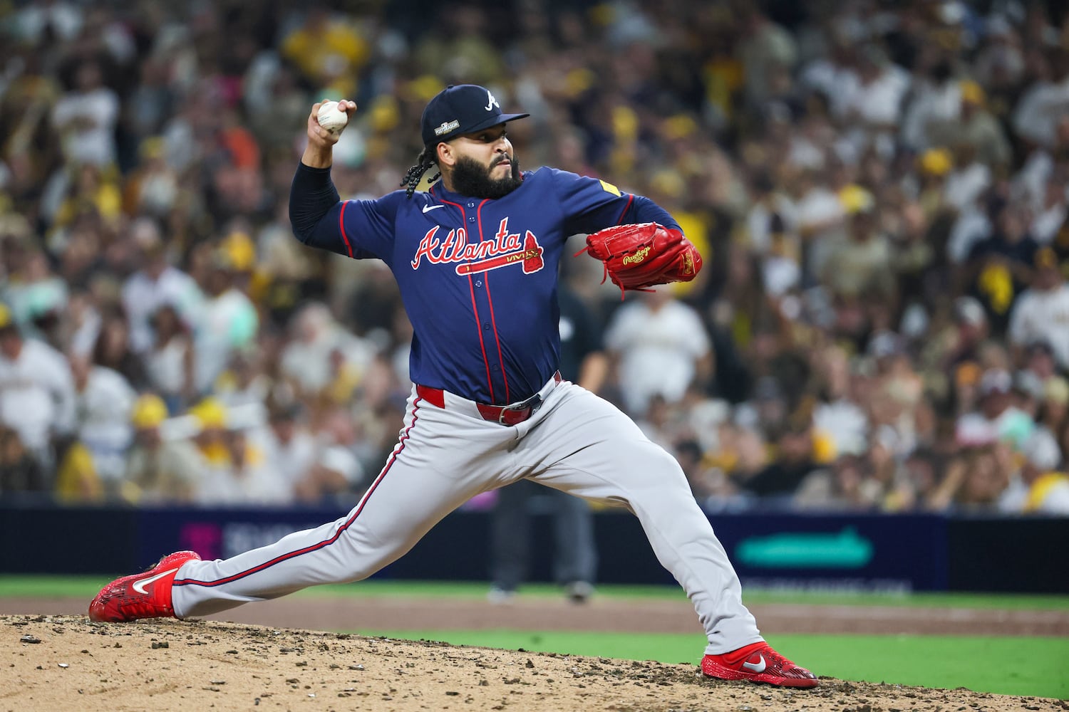 Atlanta Braves pitcher Daysbel Hernández delivers to the San Diego Padres during the fifth inning of National League Division Series Wild Card Game Two at Petco Park in San Diego on Wednesday, Oct. 2, 2024.   (Jason Getz / Jason.Getz@ajc.com)