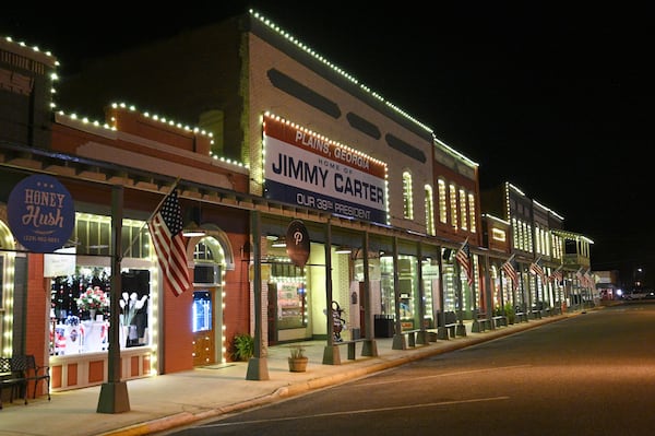 Downtown Plains is all lit up for President Carter and for the family, Tuesday, Feb. 21, 2023, in Plains, GA. (Hyosub Shin / Hyosub.Shin@ajc.com)