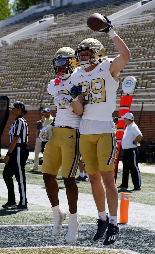 Georgia Tech wide receiver Chris Elko (89) celebrates his touchdown in the fourth quarter during the Spring White and Gold game at Bobby Dodd Stadium at Hyundai Field In Atlanta on Saturday, April 13, 2024.   (Bob Andres for the Atlanta Journal Constitution)