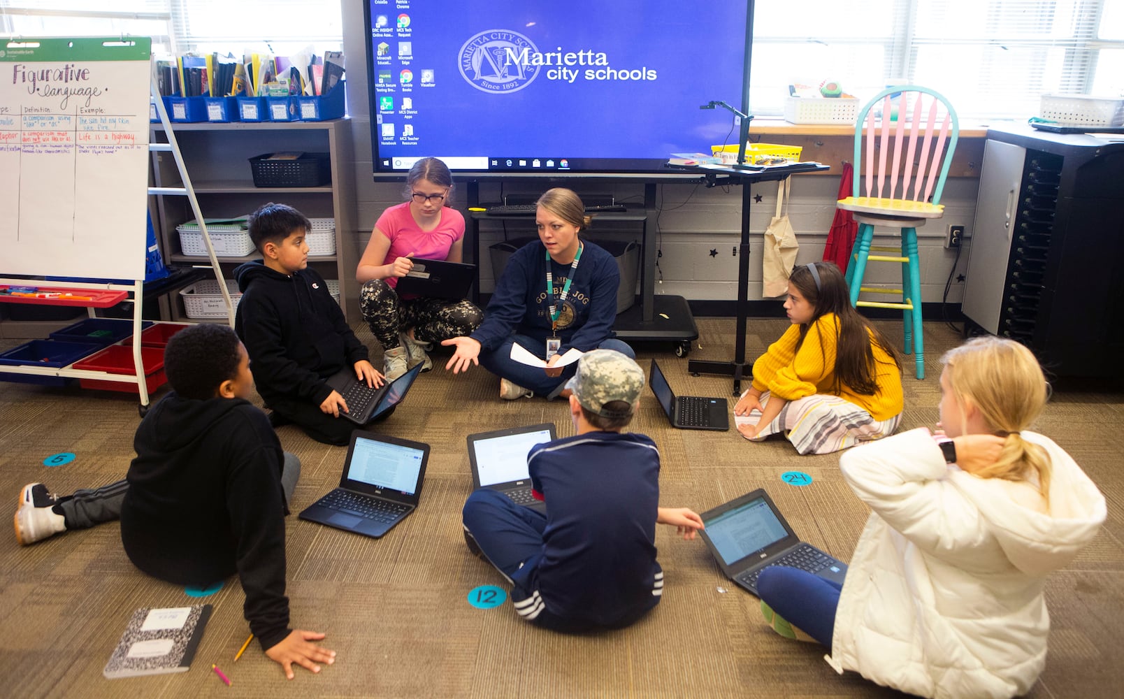 Trisha Tanner, fifth-grade teacher, gives instructions to her students during class on Wednesday, November 16, 2022, at Hickory Hills Elementary School in Marietta, Georgia. Marietta City Schools, like schools across the country, are working to overcome learning loss caused by the pandemic. CHRISTINA MATACOTTA FOR THE ATLANTA JOURNAL-CONSTITUTION