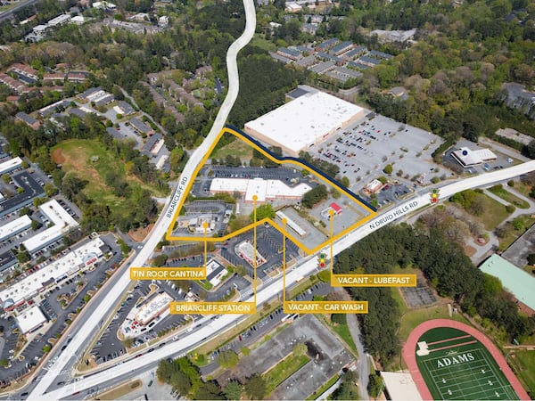 An aerial view of the planned site for "Manor Druid Hills," a mixed-use development near Briarcliff and North Druid Hills roads. The buildings inside the yellow lines would be replaced with office space, a 140-room hotel and nearly 400 apartments. SPECIAL PHOTO