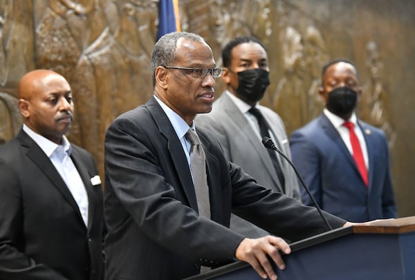 February 3, 2022 Atlanta - Integral Group CEO Egbert Perry speaks during a press conference at Atlanta City Hall on Thursday, February 3, 2022. Mayor Andre Dickens announced the settlement at City Hall with Integral Group CEO Egbert Perry and the Atlanta Housing Authority President Eugene Jones. (Hyosub Shin / Hyosub.Shin@ajc.com)