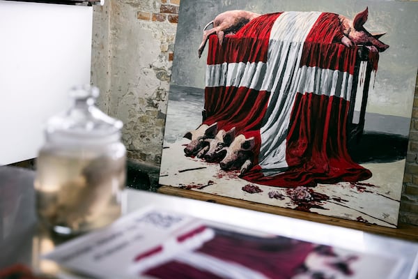 A view of the exhibition "And now you care" by the artist Marco Evaristtis, before the opening in Den Graa Koedby in Copenhagen, Friday, Feb. 28, 2025. (Emil Nicolai Helms/Ritzau Scanpix via AP)