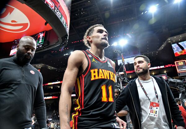 Atlanta Hawks' guard Trae Young (11) leaves the court after Boston Celtics beat Atlanta Hawks during Game 6 of the first round of the Eastern Conference playoffs at State Farm Arena, Thursday, April 27, 2023, in Atlanta. Boston Celtics won 128-120 over Atlanta Hawks. (Hyosub Shin / Hyosub.Shin@ajc.com)