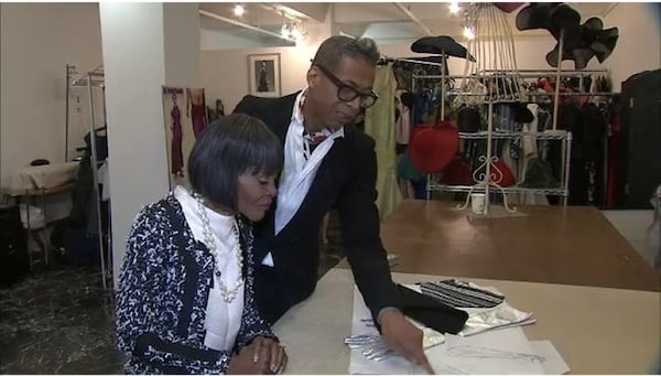 (l. to r.) Late actress Cicely Tyson is being shown a sketch of new gown by fashion designer B Michael. He's hosting a book discussion for "Muse: Cicely Tyson and Me: A Relationship Forged in Fashion" at SCAD FASH Museum of Fashion and Film on Wednesday, Feb. 12, 2025.