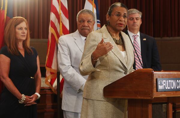 Patrise M. Perkins-Hooker, Fulton County Attorney, speaks during a press conference at the Fulton County Government Center in Atlanta on Monday, July 22, 2019. Fulton County held a press conference to discuss their recent settlement with the Georgia Department of Revenue. The settlement was related to a proposal that could have caused homeowners to pay extra taxes because of frozen 2017 property values. Christina Matacotta/Christina.Matacotta@ajc.com