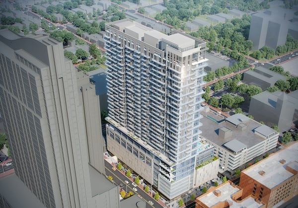 A rendering of Society Atlanta, a co-living development on Peachtree Street, slated to open in 2024. Courtesy of developer PMG