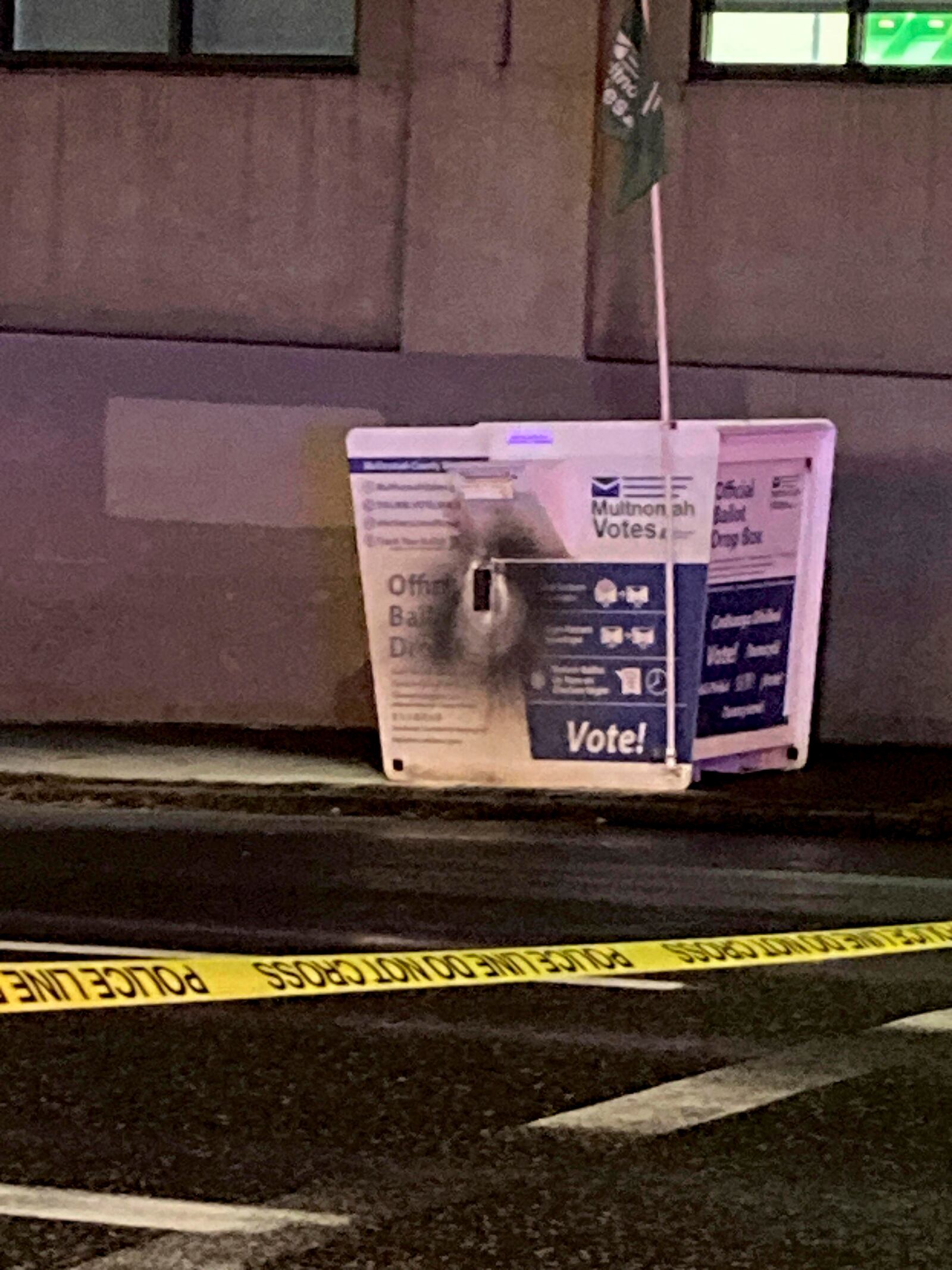 This image released by the Portland Police Bureau shows a ballot box after an incendiary device was discovered inside, in Portland, Ore., Monday, Oct. 28, 2024. (Portland Police Bureau via AP)