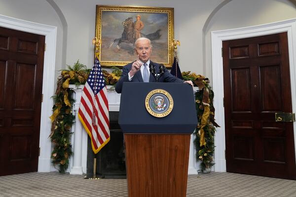 President Joe Biden speaks about the sudden collapse of the Syrian government under Bashar Assad from the Roosevelt Room at the White House in Washington, Sunday, Dec. 8, 2024. (AP Photo/Manuel Balce Ceneta)