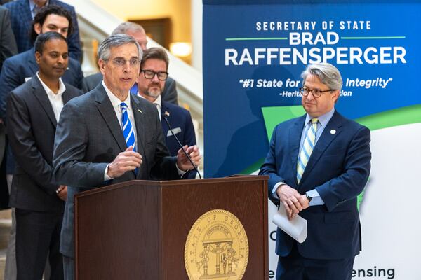 Georgia Secretary of State Brad Raffensperger speaks about voter registration at the Capitol in Atlanta on Thursday, March 9, 2023. Raffensperger says his office has already addressed past election system vulnerabilities. (Arvin Temkar/The Atlanta Journal-Constitution)