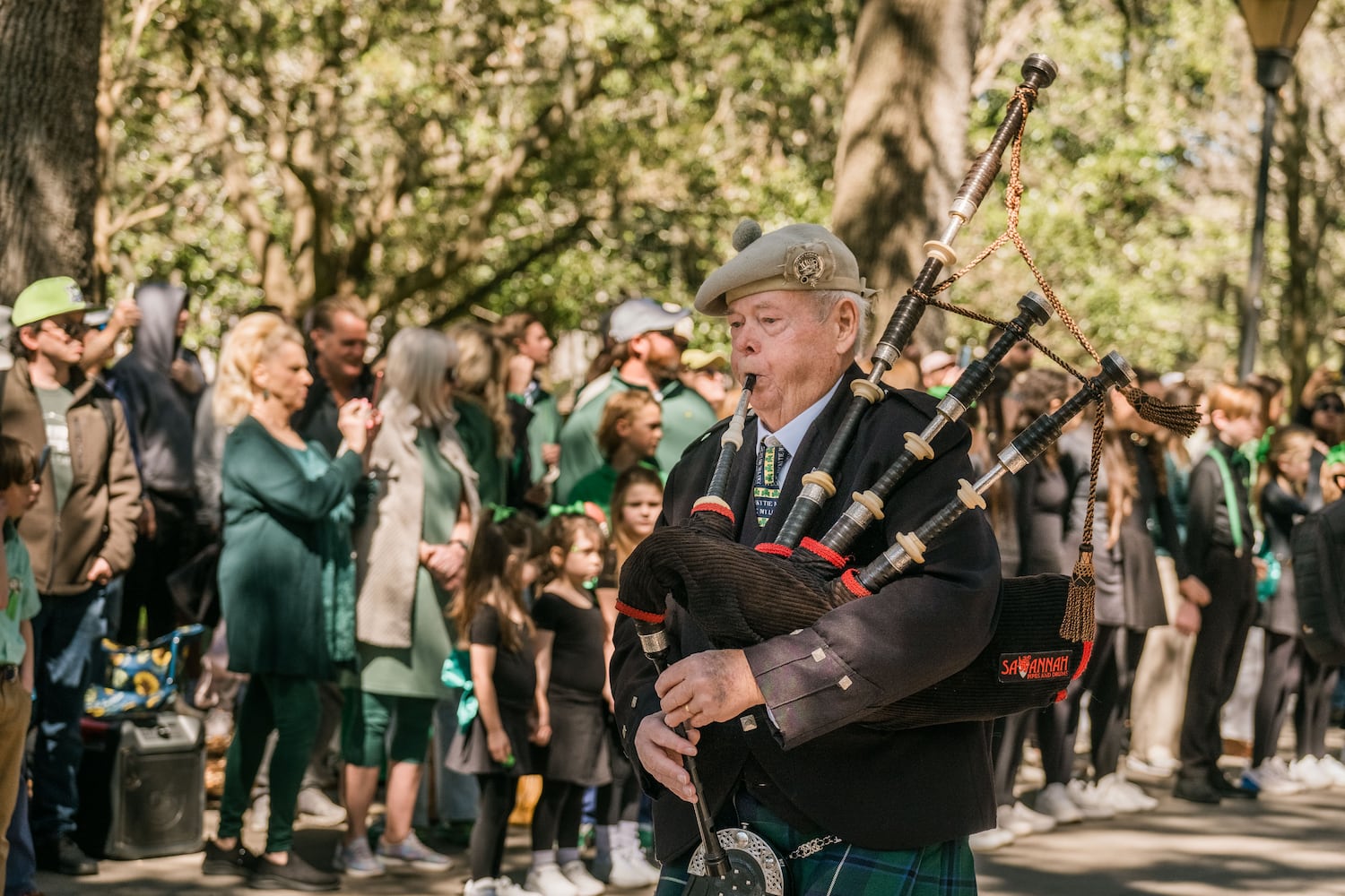 Dave Crampton plays the bagpipe at the 2025 St. Patrick’s Day dying of the fountain on March 7, 2025 in Savannah, GA. The dying of the fountain marks the beginning of the city’s St. Patrick’s Day festivities. (Justin Taylor/The Atlanta Journal Constitution)