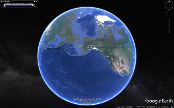 This Google Earth image from the FAA's traffic flow management system shows the route for a flight from Atlanta to Seoul, avoiding Russian airspace.