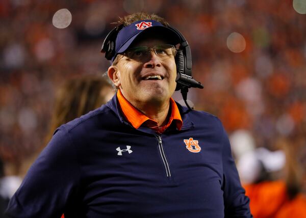 AUBURN, AL - NOVEMBER 25:  Head coach Gus Malzahn of the Auburn Tigers  celebrates after the victory over the Alabama Crimson Tide at Jordan Hare Stadium on November 25, 2017 in Auburn, Alabama.  (Photo by Kevin C. Cox/Getty Images)