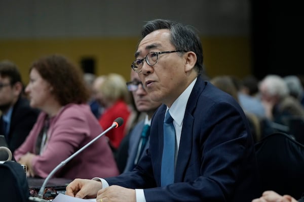 South Korean Foreign Minister Cho Tae-yul speaks during a plenary of the fifth session of the Intergovernmental Negotiating Committee on Plastic Pollution in Busan, South Korea, Sunday, Dec. 1, 2024. (AP Photo/Ahn Young-joon)