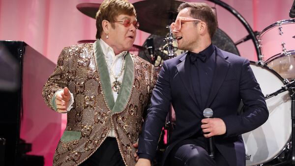 Sir Elton John and Taron Egerton perform onstage during the 27th annual Elton John AIDS Foundation Academy Awards Viewing Party sponsored by IMDb and Neuro Drinks celebrating EJAF and the 91st Academy Awards on February 24, 2019 in West Hollywood,California.