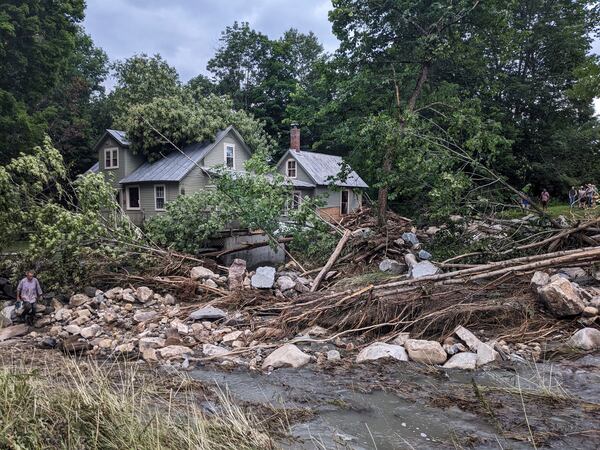 The flood-damaged property of John and Jenny Mackenzie is shown on July 11, 2024 in Peacham, Vt. (Courtesy of Susan Dunklee via AP)