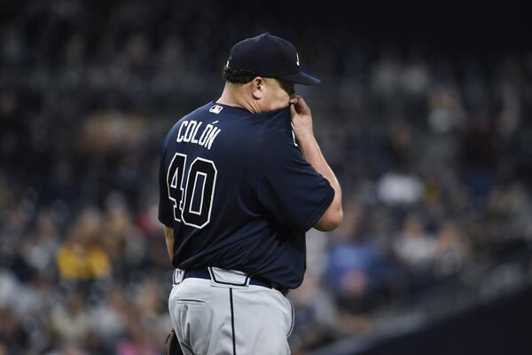 Bartolo Colon of the Atlanta Braves wipes his face after giving up a run during the third inning against the San Diego Padres at PETCO Park on June 28, 2017 in San Diego, California. (Photo by Denis Poroy/Getty Images)