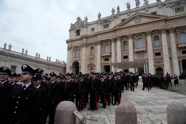 Italian Carabinieri, paramilitary policemen leave after attending Pope Francis' weekly general audience in St. Peter's Square at The Vatican, Wednesday, Nov.20, 2024. (AP Photo/Gregorio Borgia)