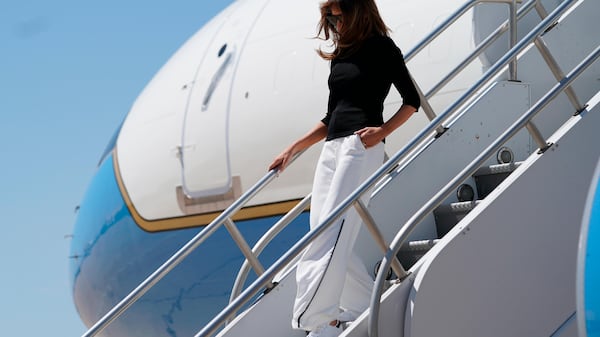 First lady Melania Trump arrives at Davis Monthan Air Force Base, Thursday, June 28, 2018, en route to a U.S. Customs border and protection facility in Tucson, Arizona.