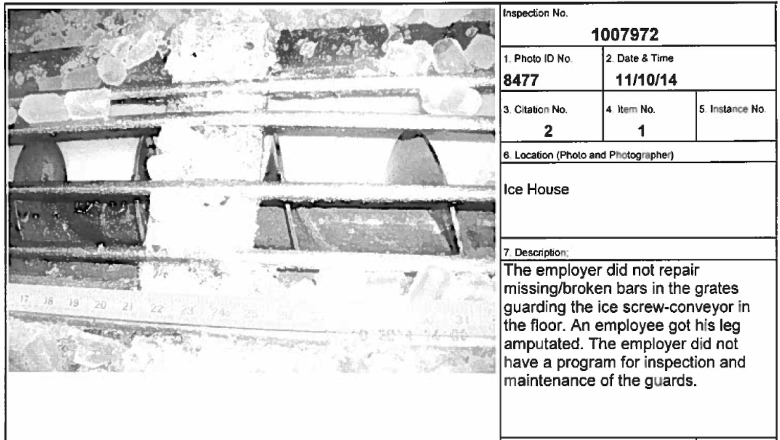 In 2014, a worker was getting ice at the Fieldale plant's ice storage room when his foot fell through the faulty grate and onto the screw-shaped blades, severing his leg below the knee. An OSHA inspector later called the state of the grates "a deadly trap."