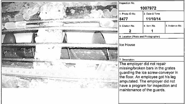 In 2014, a worker was getting ice at the Fieldale plant's ice storage room when his foot fell through the faulty grate and onto the screw-shaped blades, severing his leg below the knee. An OSHA inspector later called the state of the grates "a deadly trap."