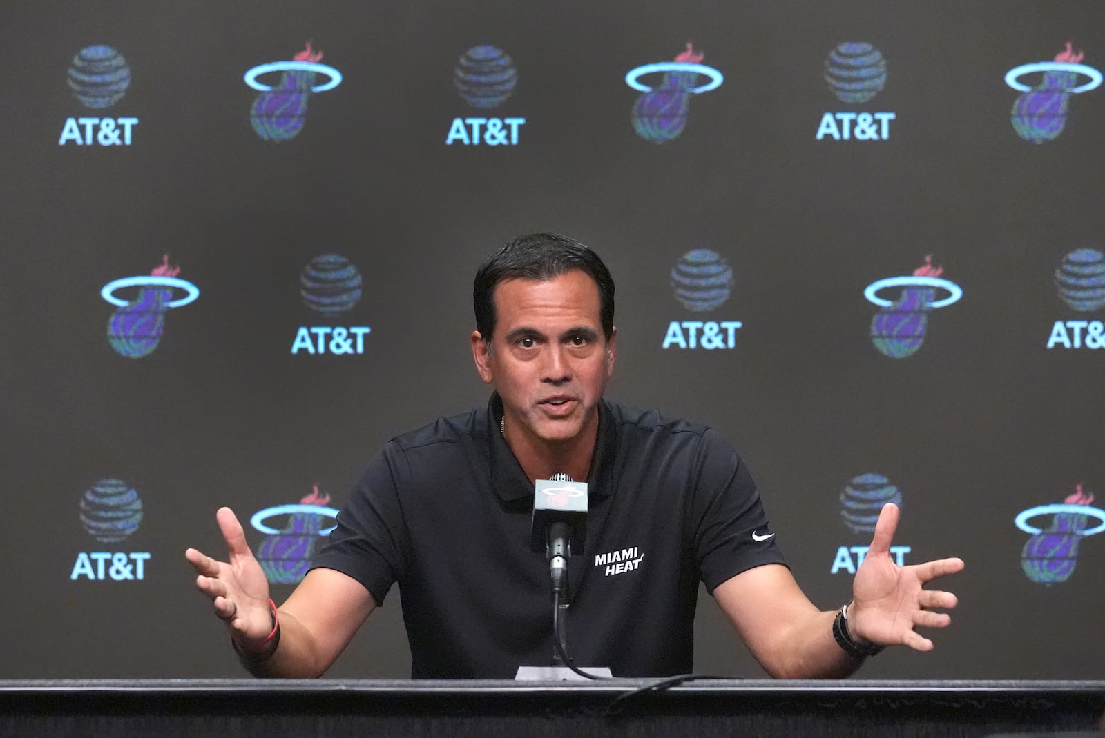 Miami Heat head coach Erik Spoelstra speaks during a news conference at the NBA basketball team's media day, Monday, Sept. 30, 2024, in Miami. (AP Photo/Wilfredo Lee)