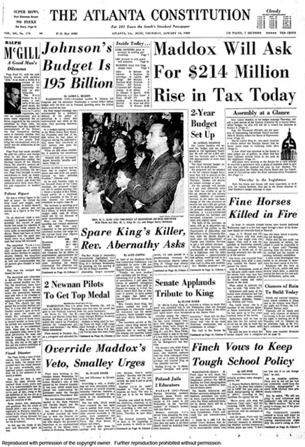 The Constitution's Jan. 16, 1969, front page detailed how the late Dr. Martin Luther King Jr. was honored in Atlanta on what would have been his 40th birthday (Jan. 15). AJC PRINT ARCHIVES