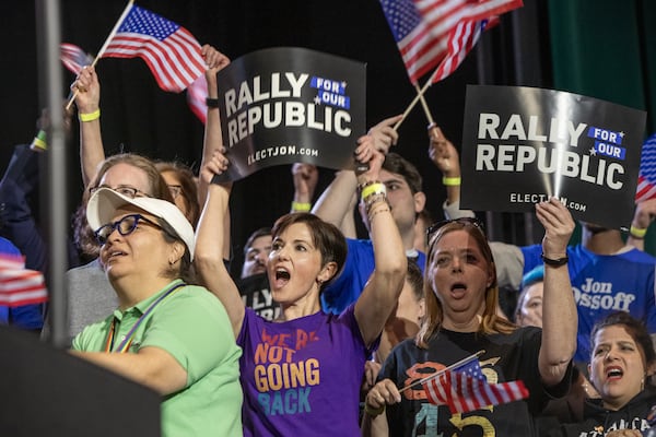 Supporters turned out for the “Rally for the Republic” led by U.S. Sen. Jon Ossoff in Atlanta on Saturday.