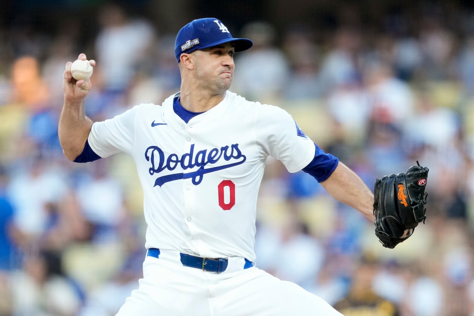 Los Angeles Dodgers pitcher Jack Flaherty throws to a San Diego Padres batter during the first inning in Game 2 of a baseball NL Division Series Sunday, Oct. 6, 2024, in Los Angeles. (AP Photo/Ashley Landis)