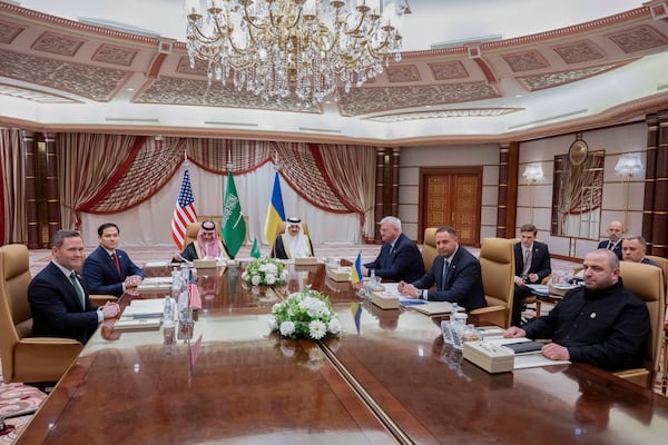 From left, US National Security Advisor Mike Waltz, US Secretary of State Marco Rubio, Saudi Foreign Minister Prince Faisal bin Farhan Al Saud, Saudi National Security Advisor Mosaad bin Mohammad al-Aiban, Ukrainian Foreign Minister Andrii Sybiha, Ukrainian Head of Presidential Office Andriy Yermak, and Ukrainian Minister of Defense Rustem Umerovto, hold a meeting in Jeddah, Saudi Arabia, Tuesday, March 11, 2025. (Saul Loeb/Pool Photo via AP)