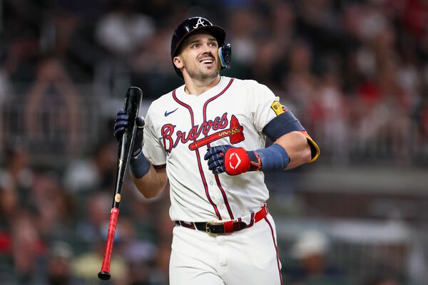 Atlanta Braves right fielder Adam Duvall reacts after lining out to third during the seventh inning against the Washington Nationals at Truist Park, Thursday, May 30, 2024, in Atlanta. The Braves lost 3-1. (Jason Getz / AJC)
