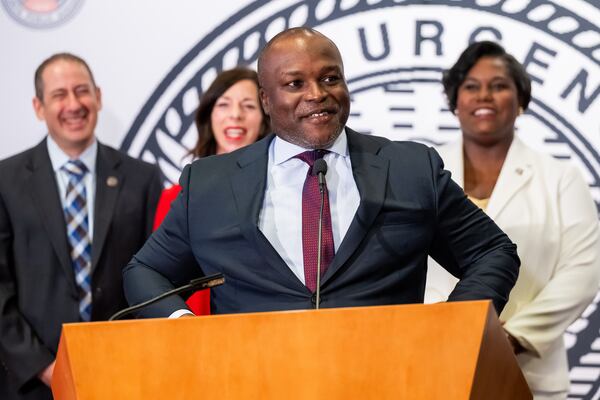 Bryan Johnson, the sole finalist for Atlanta Public Schools superintendent, has a lighthearted moment during a press conference at APS headquarters in downtown Atlanta on Tuesday, June 18, 2024. 
(Bita Honarvar for The Atlanta Journal-Constitution)