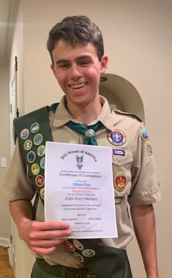 On March 8  Ethan Fox, of  Troop 356, sponsored by Fellowship Christian School, whose project was the design and construction of 4 Adirondack chairs and a corn hole set for the East Cobb Presbyterian Church passed the Board of Review to become an Eagle Scout.