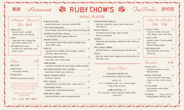 The opening menu at Ruby Chow's. COURTESY OF RUBY CHOW'S