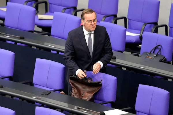 German defence minister Boris Pistorius attends a plenary session in the German parliament Bundestag in Berlin, Germany, Wednesday, Nov. 13, 2024. (AP Photo/Markus Schreiber)