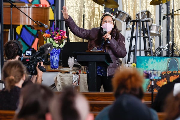 Belkis Terán, mother of activist Manuel Terán, who was fatally shot at the future site of Atlanta's Public Safety Training Center, speaks at a memorial at Park Avenue Baptist Church on Jan. 18, 2024. (Miguel Martinez /miguel.martinezjimenez@ajc.com)