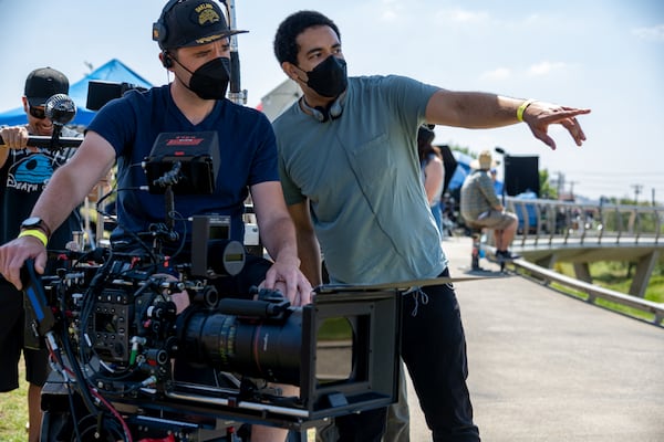 Writer/director Kobi Libii (right) on the set of "The American Society of Magical Negroes." (Anne Marie Fox/Focus Features)