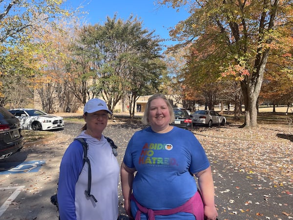 Kate Balzer, right, with Renee Propes after both voted at the Coan Park Recreation Center in East Atlanta. (Ty Tagami / ty.tagami@ajc.com)