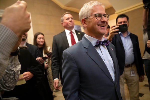 Rep. Patrick McHenry, R-N.C., the temporary leader of the House of Representatives, walks from the floor of the House to his office on Capitol Hill on Oct. 11, 2023, in Washington. Mark Schiefelbein/AP 2023