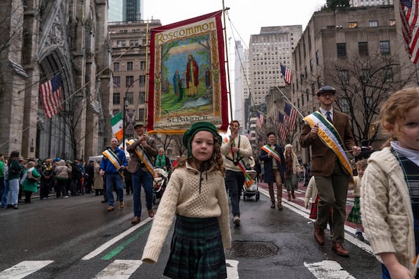 People march in the 264th New York City Saint Patrick's Day Parade, Monday, March 17, 2025 in New York. (AP Photo/Adam Gray)