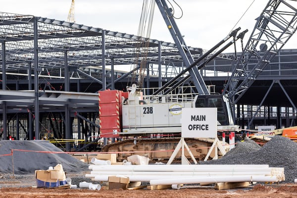 A view of construction for Qcell’s new solar manufacturing plant in Cartersville on Wednesday, January 10, 2024. (Arvin Temkar / arvin.temkar@ajc.com)