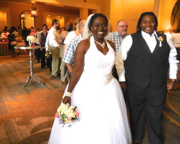 Crystal Jackson and Ashley Roland were first in line as the couples processed out into the InterContinental courtyard. Photos: Jennifer Brett