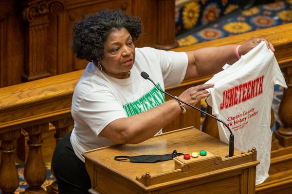 Georgia Sen. Gail Davenport (D-Jonesboro) reflects on Juneteenth during a personal point of privilege in the Senate Chambers on day 34 of the legislative session at Georgia State Capitol building in Atlanta, Friday, June 19, 2020. 