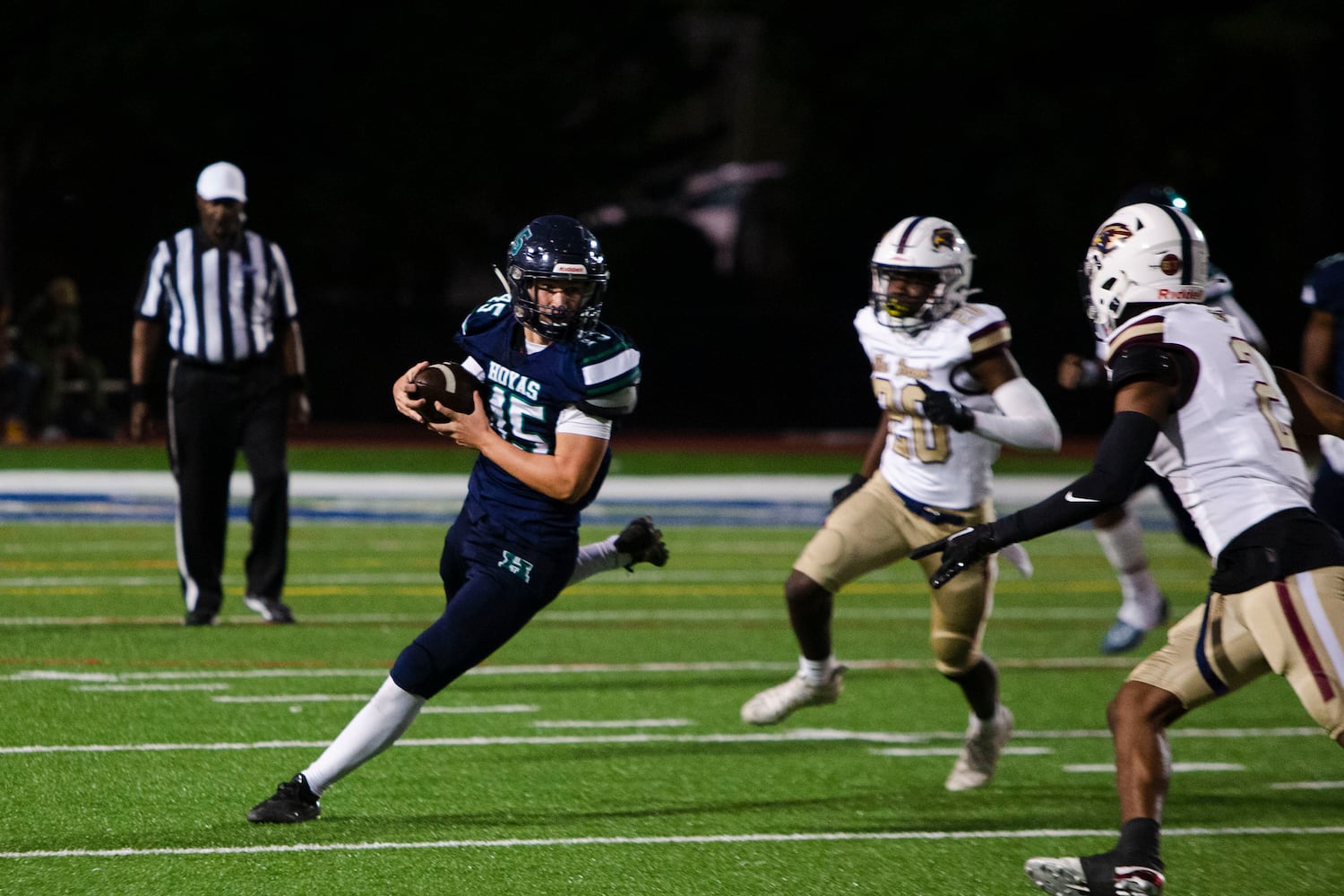 Ethan Sweat, tight end for Harrison, runs the ball during the Harrison vs. Pebblebrook high school football game on Friday, September 23, 2022, at Harrison high school in Kennesaw, Georgia. Pebblebrook defeated Harrison 31-14. CHRISTINA MATACOTTA FOR THE ATLANTA JOURNAL-CONSTITUTION.