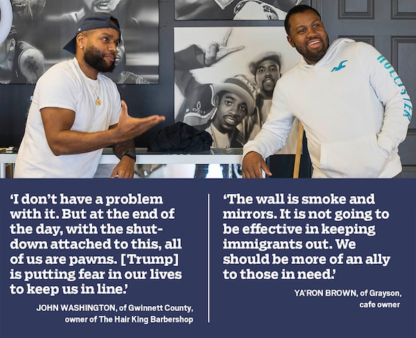 Barbershop owner John Washington and business owner Ya'Ron Brown give their opinion on President Trump, the government shutdown and the border wall in downtown Snellville, Wednesday. (ALYSSA POINTER/ALYSSA.POINTER@AJC.COM)