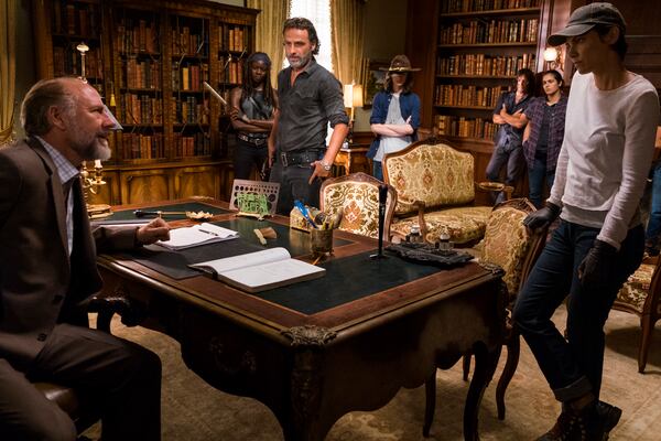  Xander Berkeley as Gregory, Danai Gurira as Michonne, Andrew Lincoln as Rick Grimes, Chandler Riggs as Carl Grimes, Norman Reedus as Daryl Dixon, Alanna Masterson as Tara Chambler, Lauren Cohan as Maggie Greene, Sonequa Martin-Green as Sasha Williams - The Walking Dead _ Season 7, Episode 9 - Photo Credit: Gene Page/AMC