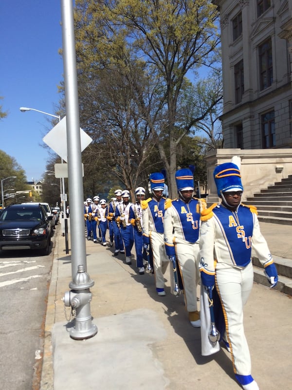 The Albany State University marching band. Albany State is one of three schools that would be funded under a new system through a bill proposed earlier this year. (AJC photo)