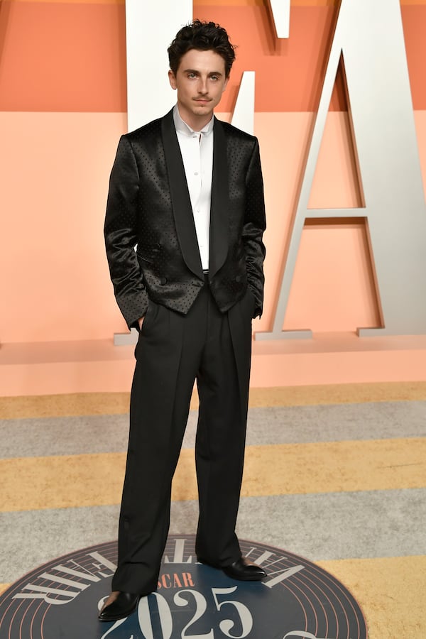 Timothee Chalamet arrives at the Vanity Fair Oscar Party on Sunday, March 2, 2025, at the Wallis Annenberg Center for the Performing Arts in Beverly Hills, Calif. (Photo by Evan Agostini/Invision/AP)