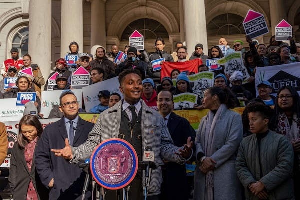 Councilmember Chi Ossé, D-Brooklyn, addresses a rally outside of City Hall in support of the FARE Act ahead of a City Council meeting, Wednesday, Nov. 13, 2024, in New York. (AP Photo/Adam Gray)